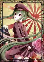 Rule 34 | 1girl, absurdres, black eyes, cherry blossoms, chestnut mouth, commentary request, cowboy shot, floating hair, framed, green hair, hair between eyes, hat, hatsune miku, highres, holding, jacket, leaning forward, long hair, long sleeves, midriff, miniskirt, okome (okome 0627ha), open mouth, pleated skirt, purple hat, purple jacket, purple skirt, senbon-zakura (vocaloid), skirt, solo, standing, thighhighs, twintails, very long hair, vocaloid, wide sleeves, zettai ryouiki