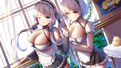 Rule 34 | 2girls, ;o, alternate costume, apron, azur lane, bare shoulders, bird, black dress, black hairband, black skirt, blue eyes, blush, breasts, chick, cleavage, closed mouth, curtains, day, detached sleeves, dress, dutch angle, enmaided, frilled dress, frills, hair ribbon, hairband, headdress, highres, illustrious (azur lane), indoors, lace-trimmed hairband, lace trim, large breasts, long hair, long sleeves, looking at viewer, maid, maid apron, manjuu (azur lane), multiple girls, one eye closed, open mouth, puffy short sleeves, puffy sleeves, red eyes, ribbon, short dress, short hair, short sleeves, sirius (azur lane), skirt, standing, strapless, strapless dress, tri tails, tying hair, white dress, white hair, window, wsman