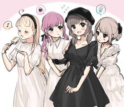 Rule 34 | 4girls, :d, :o, ahoge, black bow, black dress, black hairband, black hat, black ribbon, blonde hair, blue eyes, blush, bow, breasts, choppy bangs, closed eyes, collarbone, collared shirt, comedic sweatdrop, cowboy shot, dress, ear piercing, earrings, eighth note, flat cap, flying sweatdrops, food, furrowed brow, grey hair, hair over shoulder, hair ribbon, hairband, hands up, hat, head tilt, highres, holding, holding food, holding popsicle, indie virtual youtuber, jewelry, leaning forward, light brown hair, long hair, looking at another, looking at viewer, looking to the side, low twintails, medium breasts, medium hair, multiple girls, musical note, necklace, open mouth, original, parted bangs, parted lips, piercing, pink background, pink eyes, pink hair, ponytail, popsicle, puffy short sleeves, puffy sleeves, purple eyes, ribbon, see-through clothes, see-through sleeves, shirt, short hair, short sleeves, simple background, sleeveless, sleeveless dress, smile, speech bubble, spoken food, spoken musical note, spoken squiggle, squiggle, swept bangs, thick eyelashes, twintails, two-tone background, umeno, very long hair, virtual youtuber, white background, white dress, yamada suzume