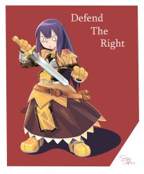 Rule 34 | 1girl, absurdres, belt, blush, border, boviburger, brown capelet, brown dress, brown footwear, capelet, chest guard, closed mouth, commentary, dress, english commentary, flat chest, floral print, frilled dress, frills, frown, full body, gauntlets, highres, holding, holding sword, holding weapon, long hair, looking at viewer, medium bangs, o o, purple hair, ragnarok battle offline, ragnarok online, red background, rose print, scabbard, shadow, sheath, sidelocks, signature, sitting, solo, sword, swordsman (ragnarok online), weapon, white border