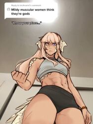 Rule 34 | 1girl, abs, au ra, black shorts, blonde hair, blue eyes, breasts, clenched hand, commentary, dane (daneari), dark-skinned female, dark skin, english commentary, english text, final fantasy, final fantasy xiv, from below, frown, grey sports bra, heterochromia, lizard tail, meme, micro shorts, mildly muscular women think they&#039;re gods (meme), navel, photo-referenced, reptile girl, shorts, small breasts, solo, sports bra, sportswear, tail, toned, warrior of light (ff14), workout clothes, yellow background