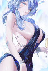 Rule 34 | 1girl, ako (blue archive), ako (dress) (blue archive), backless dress, backless outfit, bare shoulders, blue archive, blue dress, blue eyes, blue hair, blue halo, blush, breasts, cuffs, dress, egoswans, hair between eyes, halo, huge breasts, large breasts, long hair, looking at viewer, official alternate costume, shackles, sideboob, simple background, sleeveless, sleeveless dress, solo, white background