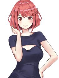 Rule 34 | 1girl, smile, black dress, blush, breasts, cleavage, cleavage cutout, clothing cutout, dress, hand on own hip, highres, langspower, large breasts, looking at viewer, medium breasts, pyra (xenoblade), red eyes, red hair, short hair, short sleeves, solo, xenoblade chronicles (series), xenoblade chronicles 2
