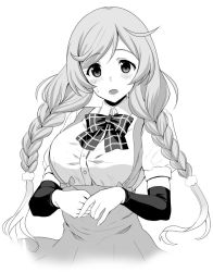 Rule 34 | 1girl, arm warmers, braid, cloud hair ornament, greyscale, kantai collection, kyogoku shin, long hair, looking at viewer, minegumo (kancolle), monochrome, open mouth, plaid neckwear, pleated skirt, shirt, short sleeves, simple background, skirt, solo, suspender skirt, suspenders, twin braids