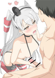 Rule 34 | 10s, 1boy, 1girl, amatsukaze (kancolle), ass, bad id, bad pixiv id, blush, breasts, brown eyes, censored, cocona (coconacafe), fang, hair ornament, hair tubes, handjob, hetero, kantai collection, nipples, nude, open mouth, penis, small breasts, striped clothes, striped thighhighs, thighhighs, twintails, two side up, white hair
