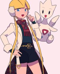 Rule 34 | 1girl, :d, black shorts, blonde hair, blue eyes, blunt bangs, coat, commentary request, cowboy shot, creatures (company), earmuffs, elesa (palentine&#039;s 2023) (pokemon), elesa (pokemon), game freak, gen 2 pokemon, green shirt, hand on own hip, hand up, highres, looking at viewer, nintendo, official alternate costume, open clothes, open coat, open mouth, pokemon, pokemon (creature), pokemon masters ex, red scarf, scarf, shirt, shorts, smile, togetic, tyako 089, white coat