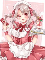Rule 34 | !, 1girl, alternate costume, apron, blush, bow, bowtie, breasts, brown hair, commentary request, dress, enmaided, fate/kaleid liner prisma illya, fate (series), food, food print, frills, fruit, hair ornament, hairclip, heart, highres, holding, holding plate, ice cream, illyasviel von einzbern, long hair, looking at viewer, maid, maid apron, maid headdress, mikujin (mikuzin24), open mouth, pink background, pink dress, plate, puffy short sleeves, puffy sleeves, red bow, red bowtie, red eyes, short sleeves, small breasts, smile, solo, strawberry, strawberry print, teeth, upper teeth only, white background