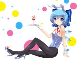 Rule 34 | 1girl, animal ears, black pantyhose, blue eyes, blue hair, blue leotard, bow, bowtie, cirno, cup, far far, hair bow, high heels, highres, ice, ice wings, leotard, matching hair/eyes, pantyhose, playboy bunny, rabbit ears, ribbon, shoes, short hair, sitting, smile, solo, touhou, tray, wings