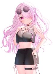 Rule 34 | 1girl, absurdres, backlighting, black skirt, blush, breasts, commentary request, cowboy shot, eyewear on head, hair over one eye, hand on own chest, hand on own hip, highres, ineka ka, large breasts, long hair, nijisanji, official alternate costume, pink eyes, pink hair, shiina yuika, shiina yuika (10th costume), skirt, smile, solo, sunglasses, thigh strap, two side up, virtual youtuber, white background
