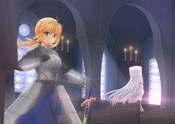 Rule 34 | 2girls, ahoge, armor, armored dress, artoria pendragon (fate), bad id, bad pixiv id, blonde hair, caliburn (fate), candle, church, coat, dress, fading, fate/stay night, fate/zero, fate (series), faulds, formal, gauntlets, green eyes, hat, irisviel von einzbern, long hair, multiple girls, ponytail, saber (fate), sevendayswar, suit, sword, weapon