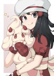 Rule 34 | 1girl, :q, alcremie, alcremie (strawberry sweet), apron, artist name, black hair, border, bright pupils, chef hat, closed mouth, commentary, creatures (company), dawn (palentine&#039;s 2021) (pokemon), dawn (pokemon), dress, eyelashes, game freak, gen 8 pokemon, grey eyes, hair ornament, hairclip, hat, highres, holding, holding pokemon, light blush, long hair, milka (milk4ppl), mittens, nintendo, official alternate costume, outside border, oven mitts, pokemon, pokemon (creature), pokemon masters ex, red dress, red mittens, short sleeves, sidelocks, smile, star (symbol), tongue, tongue out, white border