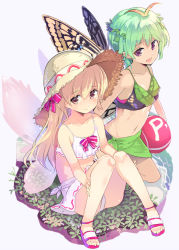 Rule 34 | 2girls, :d, alternate eye color, alternate headwear, antennae, ass, ball, bare legs, beachball, bikini, black bikini, blonde hair, breasts, brown eyes, butterfly wings, collarbone, commentary request, eternity larva, fairy wings, full body, green hair, hair between eyes, hair ribbon, hat, insect wings, kneeling, knees up, leaf, lily white, long hair, looking at viewer, multiple girls, navel, open mouth, pink footwear, pink ribbon, power-up, purple eyes, puuakachan, revision, ribbon, sandals, sarong, short hair, simple background, sitting, small breasts, smile, stomach, sun hat, swimsuit, thighs, touhou, white background, white bikini, wings