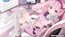 Rule 34 | 1girl, animal ears, arm up, black hairband, blue hair, blush, breasts, cat ears, chair, controller, extra ears, gaming chair, gaou (umaiyo puyoman), garter straps, hair ornament, hairband, headphones, headphones around neck, holding, holding controller, hololive, keyboard, knees up, large breasts, looking at viewer, minato aqua, monitor, multicolored hair, office chair, outstretched arm, over-kneehighs, pink hair, pink sweater, pink theme, pleated skirt, purple eyes, rabbit hair ornament, single garter strap, sitting, skirt, smile, solo, streaked hair, sweater, swivel chair, thighhighs, virtual youtuber, watermark, white skirt, white thighhighs