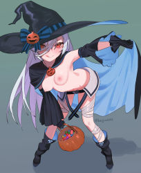 Rule 34 | 1girl, absurdres, bandages, beijuu, bent over, black footwear, black gloves, black hat, blush, boots, breasts, closed mouth, detached sleeves, full body, girls&#039; frontline, gloves, grey hair, halloween, hat, hat ribbon, highres, licking lips, long hair, looking at viewer, medium breasts, nipples, official alternate costume, red eyes, ribbon, smile, solo, standing, tokarev (girls&#039; frontline), tokarev (thief of sweetness) (girls&#039; frontline), tongue, tongue out, witch hat