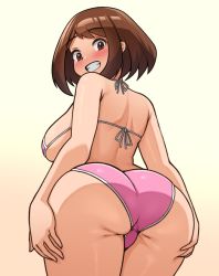 Rule 34 | 1girl, :d, ass, ass focus, back, bare arms, bare shoulders, bikini, blush, boku no hero academia, breasts, brown eyes, brown hair, cowboy shot, from behind, from below, gradient background, grin, highres, large breasts, looking at viewer, looking back, looking down, open mouth, parted lips, pink bikini, short hair, sideboob, smile, solo, swimsuit, uraraka ochako, yashiro misone (artist), yellow background
