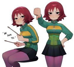 Rule 34 | 1girl, alternate art style, aqua jacket, black eyes, black skirt, clenched hands, closed mouth, cowboy shot, dot nose, drumsticks, facing viewer, feet out of frame, freckles, frown, hand on own hip, highres, holding, holding drumsticks, invisible chair, jacket, jitome, kim pine, lavelis, leggings, light frown, looking ahead, looking up, multicolored clothes, multicolored jacket, multiple views, pleated skirt, puffing up, purple leggings, scott pilgrim (series), shadow, short hair, simple background, sitting, skirt, standing, straight-on, three quarter view, thumbs down, track jacket, two-tone jacket, white background, yellow jacket, zipper, zipper pull tab
