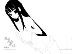Rule 34 | 10s, 1girl, amatsuka urara, baby princess, bare shoulders, black hair, covering privates, covering breasts, dutch angle, flat chest, greyscale, kusaka souji, lingerie, long hair, monochrome, negligee, off shoulder, solo, underwear