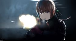 Rule 34 | 1girl, armor, blue eyes, chyt, closed mouth, coat, expressionless, firing, girls&#039; frontline, gloves, gun, hair between eyes, hair ornament, half-closed eyes, half updo, highres, holding, holding gun, holding weapon, jacket, letterboxed, light, long hair, looking at viewer, mod3 (girls&#039; frontline), multicolored hair, muzzle flash, one side up, pink hair, remodel (girls frontline), side ponytail, sidelocks, signature, solo, st ar-15 (girls&#039; frontline), st ar-15 (mod3) (girls&#039; frontline), streaked hair, weapon