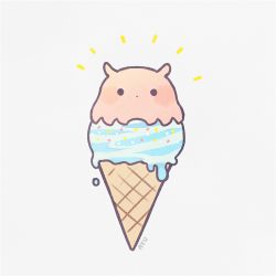 Rule 34 | ayu (mog), bad id, bad pixiv id, black border, black eyes, black outline, blush, border, chibi, emphasis lines, food, food focus, grey background, ice cream, ice cream cone, looking at viewer, no humans, octopus, original, outline, signature, simple background