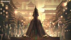 Rule 34 | 6+girls, architecture, black hair, building, carrying, closed eyes, copyright name, east asian architecture, from behind, glowing, green ribbon, grey hair, highres, lantern, logo, long hair, multiple girls, official art, open mouth, punishing: gray raven, qu (punishing: gray raven), ribbon, second-party source, shoulder carry, sitting, smile, standing, very long hair, yinzinmiemie