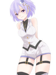 Rule 34 | 1girl, absurdres, arms behind back, assault lily, bare arms, bare shoulders, belt, belt buckle, black belt, black shirt, black thighhighs, blue flower, breasts, buckle, closed mouth, collared shirt, commentary request, cowboy shot, flower, hair between eyes, hair flower, hair ornament, hair ribbon, highres, hitotsuyanagi riri, jewelry, light smile, looking at viewer, medium breasts, necklace, official alternate costume, official alternate eye color, official alternate hair color, one side up, pendant, purple eyes, purple hair, ribbon, shirt, short hair, short shorts, shorts, simple background, sleeveless, sleeveless shirt, solo, standing, thigh belt, thigh strap, thighhighs, urutsu sahari, vest, white background, white flower, white shorts, white vest, yellow ribbon