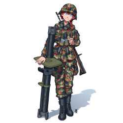Rule 34 | 1girl, absurdres, artist logo, black footwear, blue eyes, boots, braid, camouflage, camouflage headwear, camouflage jacket, camouflage pants, closed mouth, commentary, commission, english commentary, explosive, freckles, full body, goggles, goggles around neck, grenade, gun, helmet, highres, jacket, long hair, long sleeves, looking at viewer, military uniform, original, ostwindprojekt, pants, red hair, rifle, rocket launcher, shadow, simple background, single braid, smile, solo, standing, swiss army, uniform, weapon, white background