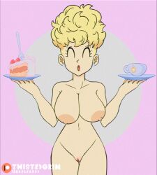 Rule 34 | 1girl, ^ ^, animated, animated gif, artist name, bare arms, bare shoulders, belt, blonde hair, blush, bouncing breasts, breasts, cake, cleavage, closed eyes, completely nude, curly hair, dragon ball, earrings, food, happy, holding, holding food, holding tray, jewelry, large breasts, mature female, navel, nipples, nude, open mouth, panchy, pussy, simple background, solo, stud earrings, tea, tray, twistedgrim, walking, wide hips