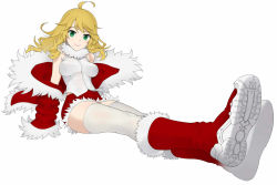 Rule 34 | 1girl, ahoge, blonde hair, blouse, boots, breasts, christmas, closed mouth, coat, commentary, foreshortening, fur-trimmed coat, fur-trimmed footwear, fur-trimmed shorts, fur collar, fur trim, green eyes, halterneck, hoshii miki, idolmaster, idolmaster (classic), knee boots, long hair, looking at viewer, medium breasts, off shoulder, red coat, red footwear, red shorts, santa boots, shirt, short shorts, shorts, simple background, sitting, smile, solo, thighhighs, wata do chinkuru, white background, white shirt, white thighhighs