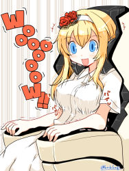 Rule 34 | 1girl, blonde hair, blue eyes, blush, bouncing breasts, breasts, chair, dress, english text, flower, hair between eyes, hairband, kanoe soushi, kantai collection, long hair, massage chair, one-hour drawing challenge, open mouth, red flower, shaking, short sleeves, simple background, sitting, solo, twitter username, warspite (kancolle), white dress