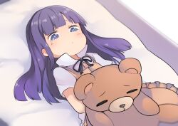Rule 34 | 1girl, absurdres, apron, bed, blunt bangs, collared shirt, commentary request, hugging doll, dress shirt, dyson (edaokunnsaikouya), frilled apron, frills, highres, long hair, lying, hugging object, purple eyes, purple hair, shirt, solo, stuffed animal, stuffed toy, teddy bear, upper body, wagnaria uniform, white shirt, working!!, yamada aoi, yellow apron