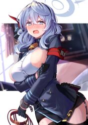 Rule 34 | 1girl, ako (blue archive), arm strap, arm under breasts, bell, black garter straps, black gloves, black thighhighs, blue archive, blue eyes, blue hair, blush, breasts, collar, commentary request, garter straps, gloves, hair ornament, halo, highres, holding, holding collar, large breasts, long sleeves, looking at viewer, medium hair, ninoude (ninoude44), open mouth, red collar, sideboob, solo, thighhighs