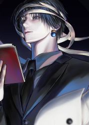 Rule 34 | 1boy, black hair, black suit, book, chrollo lucilfer, cross, earrings, facial tattoo, formal, from below, grey eyes, highres, holding, holding book, hunter x hunter, inverted cross, jewelry, long sleeves, looking to the side, male focus, official alternate costume, removing bandages, short hair, solo, suhoyongjungtea, suit, tattoo, upper body
