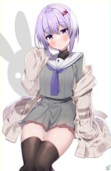 Rule 34 | 1girl, a.i. voice, black thighhighs, blush, cardigan, closed mouth, commentary, feet out of frame, grey shirt, grey skirt, hair between eyes, hair ornament, hairclip, hand up, head tilt, long sleeves, looking at viewer, neckerchief, off shoulder, omuretsu, open cardigan, open clothes, purple eyes, purple hair, purple neckerchief, sailor collar, school uniform, serafuku, shirt, short hair, signature, simple background, sitting, skirt, sleeves past fingers, sleeves past wrists, solo, thighhighs, vocaloid, voiceroid, white background, white cardigan, white sailor collar, yuzuki yukari, yuzuki yukari (shizuku)