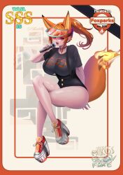 Rule 34 | absurdres, animal ears, bare legs, breasts, choker, crossed legs, fox, foxparks, highres, holding, holding microphone, idol, large breasts, microphone, milkissnowflake, open mouth, palworld, red eyes, red hair, tail
