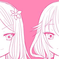 Rule 34 | 10s, 2girls, bare shoulders, dual persona, flower, guilty crown, hair flower, hair ornament, lineart, long hair, looking at viewer, monochrome, multiple girls, ouma mana, ruchi a, sarina (tosiyukiryousuke), simple background, smile, twintails, yuzuriha inori