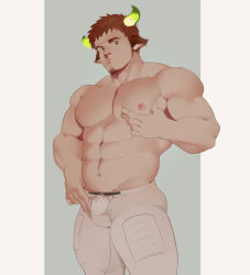 Rule 34 | 1boy, abs, animal ears, bara, beard, brown hair, bulge, cowboy shot, facial hair, fiery horns, forked eyebrows, glowing horns, grabbing, highres, horns, impossible clothes, kn (10112650), large pectorals, looking at viewer, male focus, manly, muscular, nipples, pectoral grab, pectorals, simple background, solo, sportswear, thick eyebrows, thick thighs, thighs, tokyo houkago summoners, topless male, wakan tanka, weight conscious