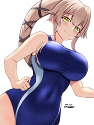 Rule 34 | 1girl, blue one-piece swimsuit, blush, breasts, competition swimsuit, covered navel, cowboy shot, dated, hair between eyes, hair ribbon, highleg, highres, kantai collection, large breasts, long hair, looking at viewer, montemasa, one-hour drawing challenge, one-piece swimsuit, pink hair, ponytail, ribbon, simple background, smile, solo, swimsuit, twitter username, two-tone swimsuit, very long hair, white background, yellow eyes, yura (kancolle)