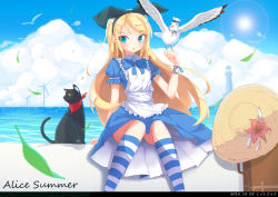 Rule 34 | 1girl, :o, absurdres, alice (alice in wonderland), alice in wonderland, apron, artist name, bird, black cat, black hairband, blonde hair, blue dress, blue sky, cat, cloud, dated, day, dress, hairband, hat, highres, kneehighs, knees together feet apart, leaf, lighthouse, lolcat (wng0623), long hair, neck ribbon, ocean, pleated dress, puffy short sleeves, puffy sleeves, ribbon, seagull, short sleeves, sitting, sky, socks, solo, striped clothes, striped socks, suitcase, sun, sun hat, very long hair, wind turbine, windmill, wristband