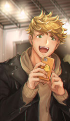 Rule 34 | 1boy, black jacket, blonde hair, brown hoodie, granblue fantasy, green eyes, highres, holding, holding phone, hood, hood down, hoodie, jacket, looking at phone, male focus, open clothes, open jacket, open mouth, phone, short hair, smile, solo, sumo fck, undercut, upper body, vane (granblue fantasy)