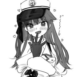 Rule 34 | 1girl, :d, anchor symbol, azur lane, blush, bow, breast pocket, fang, fur-trimmed sleeves, fur trim, greyscale, hair ribbon, hand up, hat, heart, heart-shaped pupils, highres, long hair, long sleeves, looking at viewer, monochrome, one side up, open mouth, p p p99, pamiat merkuria (azur lane), pocket, ribbon, simple background, smile, solo, symbol-shaped pupils, upper body, white background