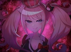 Rule 34 | 1girl, :q, absurdres, bear hair ornament, black shirt, blood, blood splatter, blue eyes, bow, breasts, cleavage, collarbone, commentary request, crown, danganronpa: trigger happy havoc, danganronpa (series), enoshima junko, hair ornament, highres, large breasts, long hair, long sleeves, looking at viewer, nishitin, pink background, portrait, red bow, shirt, smile, tongue, tongue out, twintails