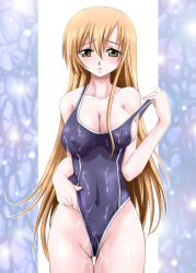 Rule 34 | 00s, 1girl, bare shoulders, blush, breasts, cleavage, code geass, female focus, large breasts, long hair, one-piece swimsuit, open mouth, orange hair, shirley fenette, solo, swimsuit, undressing, wet