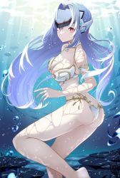 Rule 34 | 1girl, absurdres, alternate costume, android, bikini, blue hair, breasts, cyborg, forehead protector, highres, kos-mos, kos-mos re:, large breasts, long hair, red eyes, risumi (taka-fallcherryblossom), solo, swimsuit, underwater, very long hair, xenoblade chronicles (series), xenoblade chronicles 2
