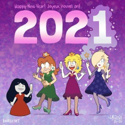 Rule 34 | 2021, 4girls, alcohol, annoyed, black hair, blonde hair, blue dress, blue eyes, brown hair, cup, dress, drinking glass, earrings, flower earrings, full body, green dress, grin, hair over one eye, happy new year, height difference, high heels, holidays, jewelry, legs, lipstick, looking at viewer, makeup, mario (series), multiple girls, new year, nintendo, pantyhose, princess daisy, princess peach, purple dress, red dress, retro (daisy), rosalina, smile, star (symbol), star earrings, super mario bros. 1, super mario galaxy, super mario land, thebourgyman, wand, wine, wine glass