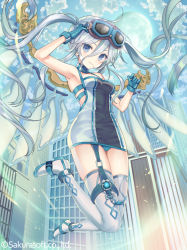 Rule 34 | 1girl, arm up, blue eyes, blue gloves, blue sky, boots, breasts, building, closed mouth, cloud, cloudy sky, commentary request, copyright request, day, dress, full moon, garter straps, gloves, goggles, goggles on head, grey dress, hair between eyes, long hair, medium breasts, moon, outdoors, silver hair, sky, skyscraper, sleeveless, sleeveless dress, smile, solo, thigh boots, thighhighs, twintails, very long hair, watermark, white footwear, white thighhighs, wings, yuuki rika