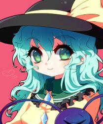 Rule 34 | 1girl, black hat, breasts, buttons, closed mouth, collared shirt, commentary request, diamond button, eyes visible through hair, frilled shirt collar, frills, green eyes, grey hair, hair between eyes, hat, hat ribbon, heart, kamome, komeiji koishi, long hair, looking at viewer, pink background, portrait, ribbon, shirt, simple background, small breasts, smile, solo, third eye, touhou, yellow ribbon, yellow shirt