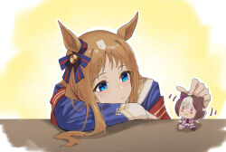 Rule 34 | 1girl, absurdres, animal ears, blue eyes, blue jacket, blue ribbon, bow, brown hair, character doll, chinese commentary, closed mouth, ear ribbon, elbow rest, frown, grass wonder (umamusume), head rest, highres, horse ears, horse girl, jacket, long sleeves, motion lines, ribbon, sipeiren, solo, special week (umamusume), umamusume