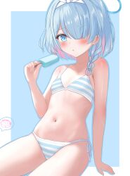 Rule 34 | 1girl, absurdres, arona (blue archive), bikini, blue archive, blue eyes, blue hair, blush, bow, breasts, food, gugu0v0, hair bow, hair over one eye, halo, highres, holding, navel, popsicle, ribbon, short hair, side-tie bikini bottom, sitting, small breasts, solo, striped bikini, striped clothes, swimsuit, thighs