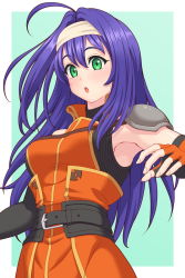 Rule 34 | 1girl, ahoge, armpits, blush, breasts, fingerless gloves, fire emblem, fire emblem: radiant dawn, gloves, green eyes, hairband, highres, ibushi (oath), long hair, looking at viewer, medium breasts, mia (fire emblem), nintendo, open mouth, purple hair, simple background, solo