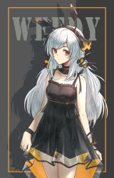 Rule 34 | 1girl, arknights, black collar, black dress, black hairband, breasts, character name, chenjiyan y, chinese commentary, collar, commentary request, cowboy shot, detached collar, dress, grey background, hairband, highres, long hair, looking at viewer, nail polish, orange nails, red eyes, silver hair, small breasts, solo, spaghetti strap, standing, weedy (arknights), wristband